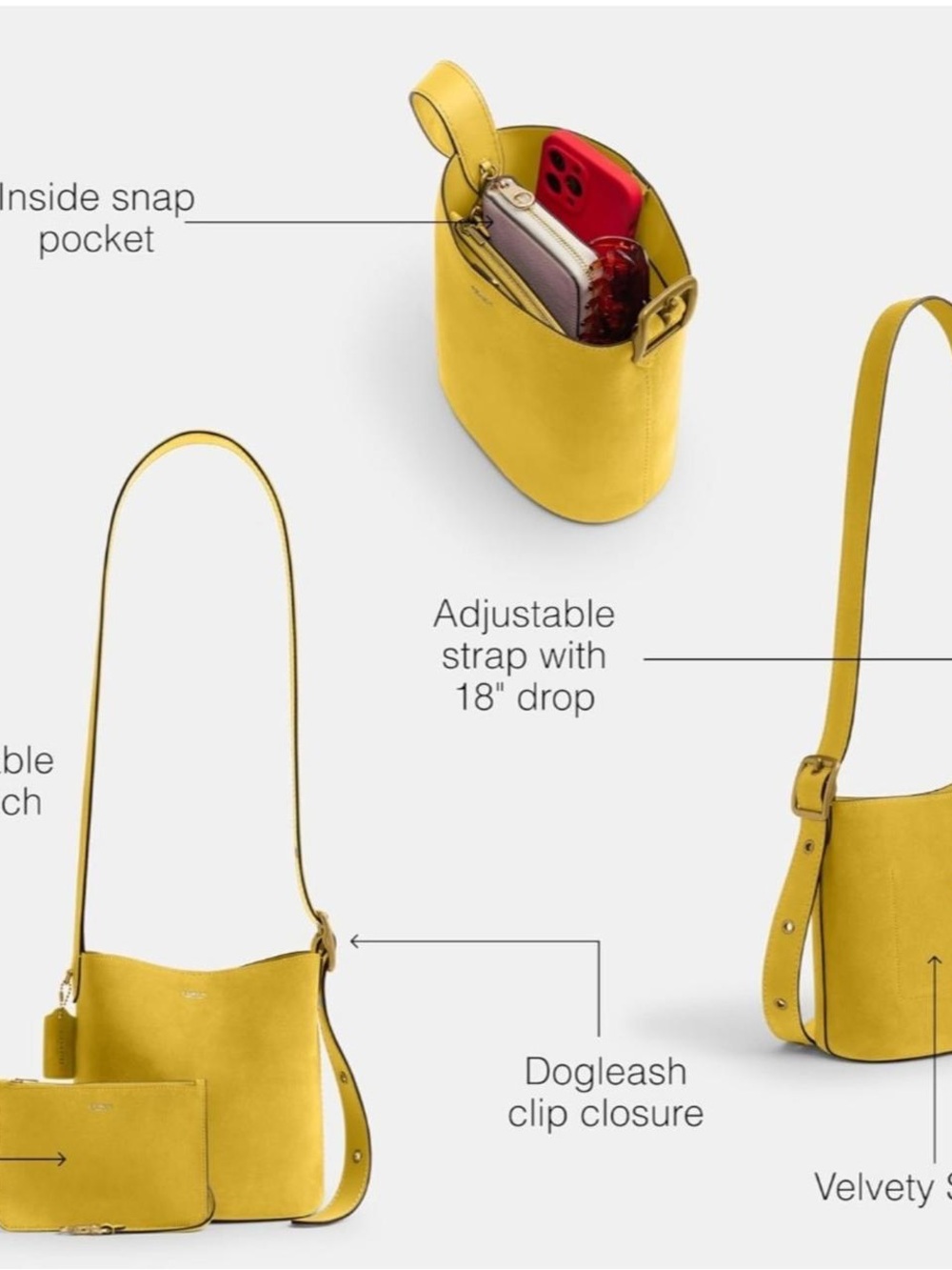 COACH Bleecker Yellow Bucket Bag 21 Suede Buckle - Picture 5 of 6